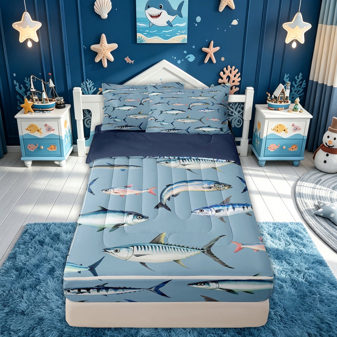 meiyoeat Kawaii Ocean Fish Zipper Twin Comforter Sets with Fitted Sheet and 2 Pillowcases for Kids Boys Girls, Watercolor Marine Animal Zipper Bedding Set, Sky Blue, Blue Reversible, 4pcs