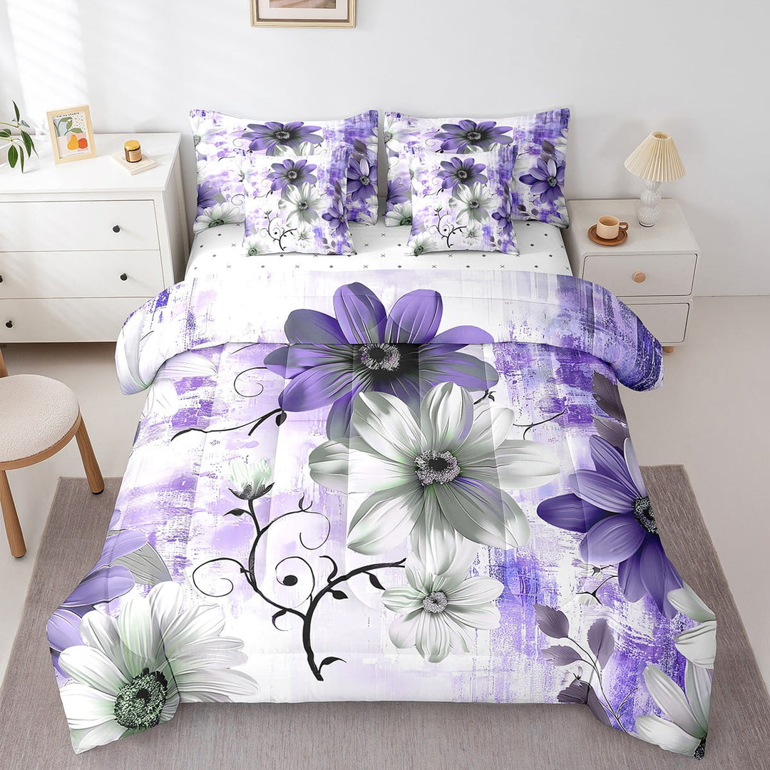 Chic Floral Bed in a Bag 7pcs Women Daisy Flower Bedding Set, Purple Ombre Twin Size Comforter Set Gradient Oil Painting Bedding Comforter Sets, Vintage Watercolor Bed Set