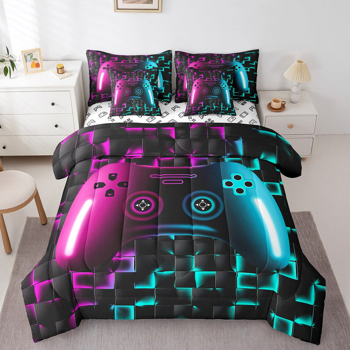 7 Piece Gamer Bedding Sets ,Twin Size Comforter Set 3D Gaming Geometric Bed In A Bag,Game Console Lightweight Bed Set,Neon Purple Teal Black Glowing