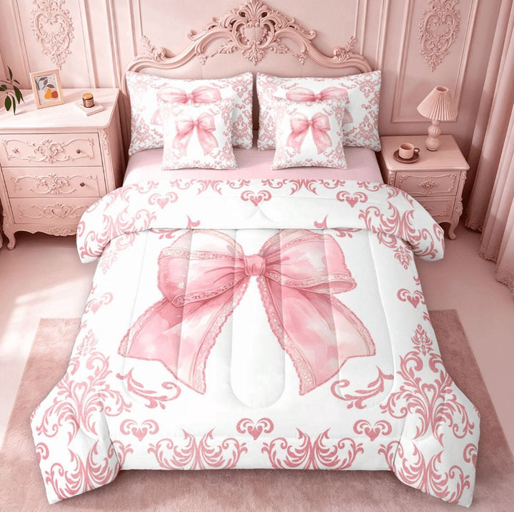 meiyoeat Pink Coquette Bow 7 Pieces Full Size Bedding Sets For Kids,Retro Damask Baroque Floral Full Size Bed in a Bag For Girls, Pink White,Pink Reversible