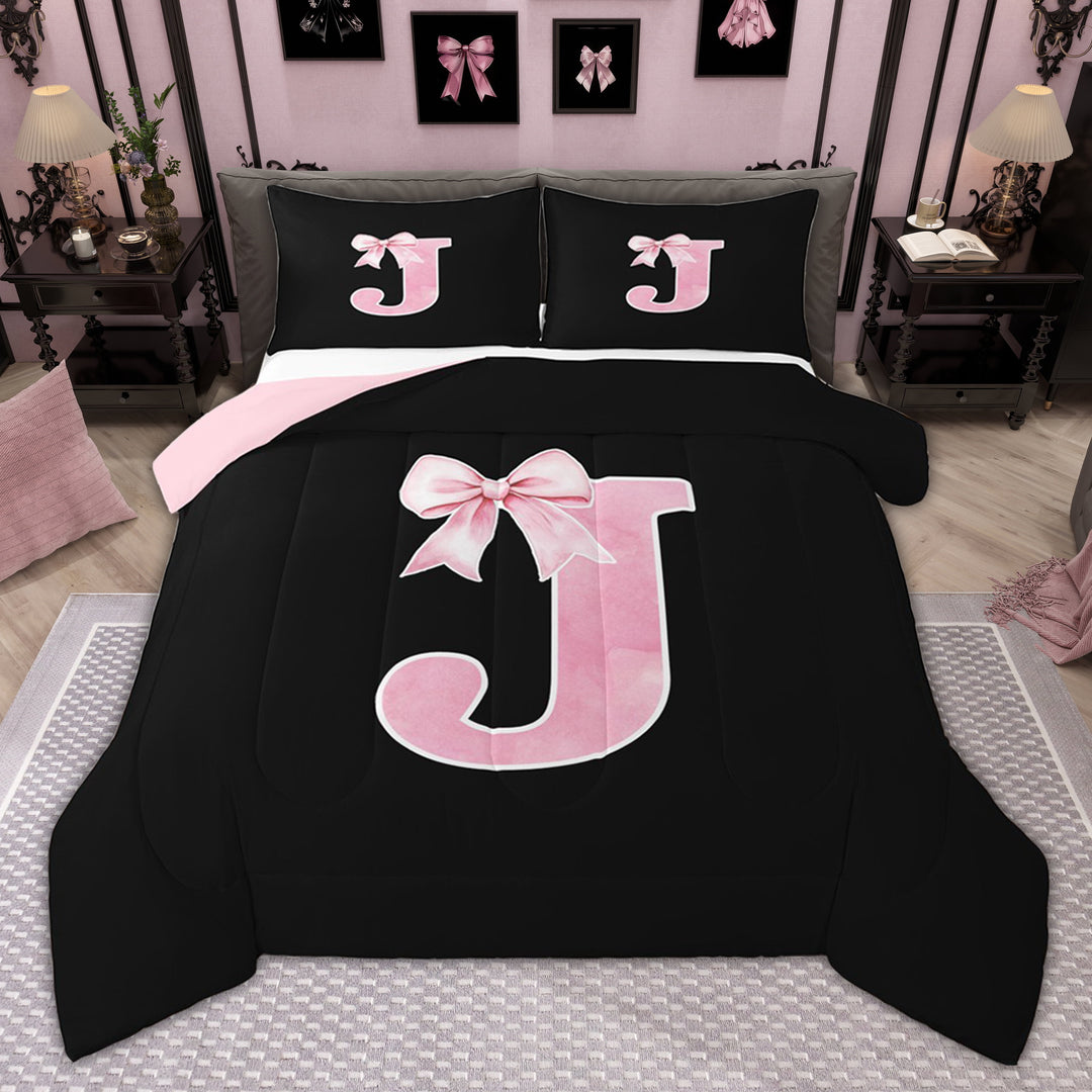 Manfei Monogrammed Girl Bedding Comforter Set, Personalized Initial J Twin Comforter Sets, Princess Bow Knot Bedding Set, Black Pink Bedroom Decor, Reversible 2 Pieces