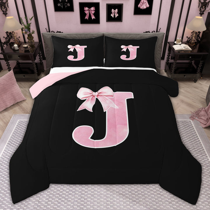 Manfei Monogrammed Girl Bedding Comforter Set, Personalized Initial J Twin Comforter Sets, Princess Bow Knot Bedding Set, Black Pink Bedroom Decor, Reversible 2 Pieces