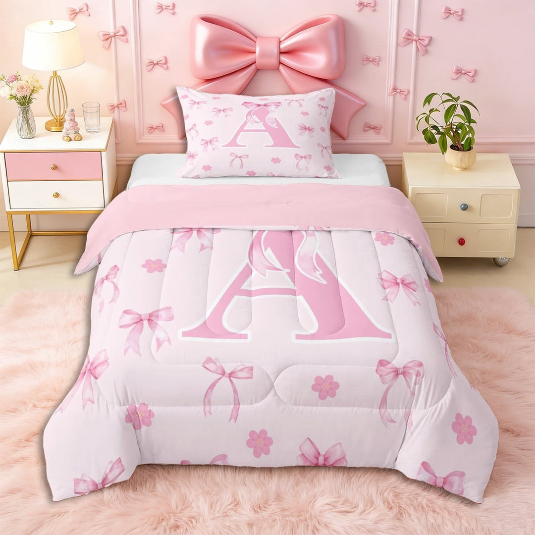 Erosebridal Letter Monogrammed A Pink Bow Twin Comforter Sets 3-Piece,Floral Cherry Blossoms Bedding Set,Pink Reversible,Breathable Home Decor
