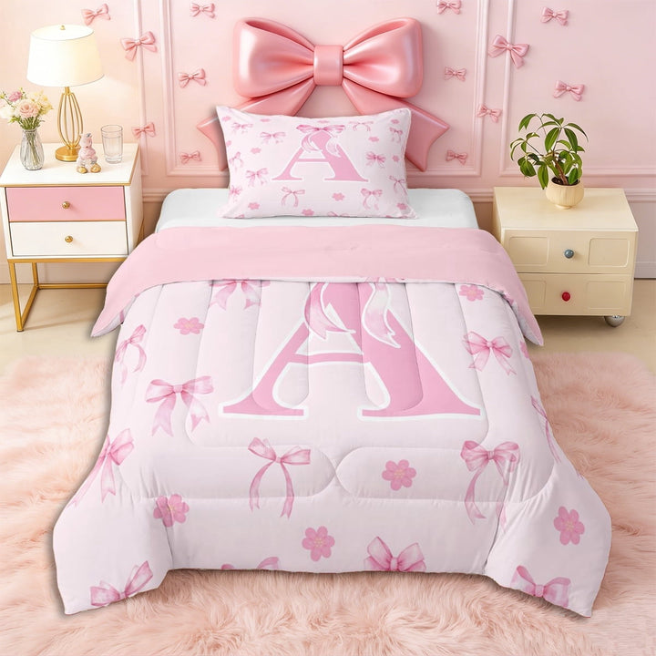 Erosebridal Letter Monogrammed A Pink Bow Twin Comforter Sets 3-Piece,Floral Cherry Blossoms Bedding Set,Pink Reversible,Breathable Home Decor