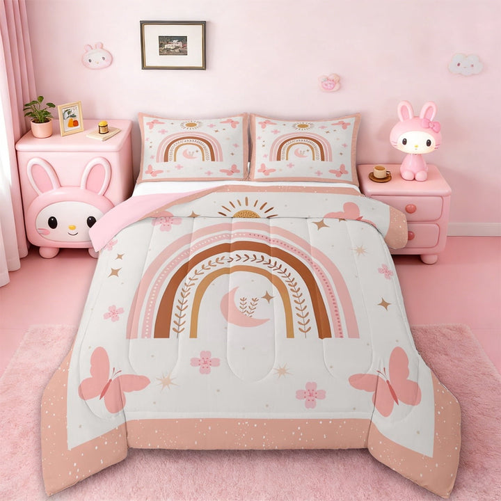Erosebridal Colorful Rainbow Comforter Sets Twin Size,Cute Butterfly Comforter Sets Twin Size,Pink Flower Stars Bedding Twin Comforter Set For Princess,Microfiber Bedroom Decor Reversible,2pcs