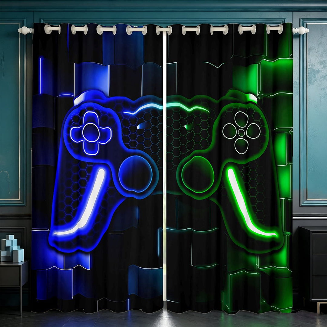 Erosebridal Gaming 30%-50% Blackout Curtains,Gamer Curtains &amp; Drapes Cool Video Game Black Window Curtains,3D Gaming Geometric Polyester Curtains(Blue Green Black,38Wx45L)
