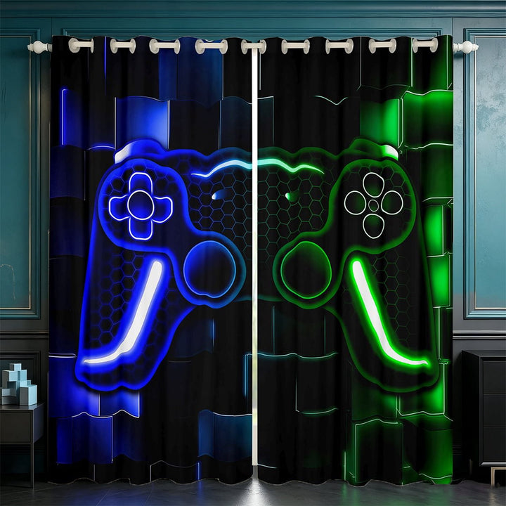 Erosebridal Gaming 30%-50% Blackout Curtains,Gamer Curtains &amp; Drapes Cool Video Game Black Window Curtains,3D Gaming Geometric Polyester Curtains(Blue Green Black,38Wx45L)