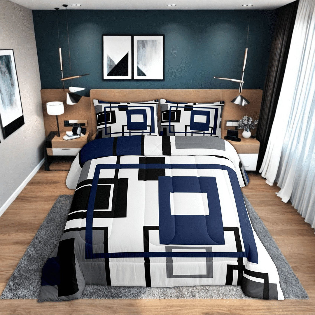 Navy Blue Square Comforter Set For Teen Queen Lack White Grey Geometric Quilt Comforter Geometry Striped Bedding Set Men,Abstract Line Grids Bed Set Insert Modern Bedroom Decor 3 Pcs