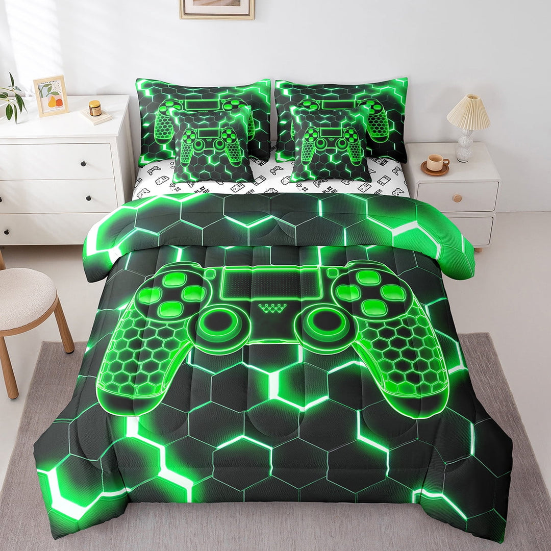 Erosebridal Green Gamepad Bedding Sets Twin Size, Gradient Geometry Comforter Sets with Sheets, Gaming Sports Decor, Reversible 7pcs