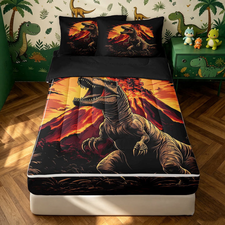 meiyoeat Vintage Dino Zipper Full Size Comforter Sets with Fitted Sheet and 2 Pillowcases for Men Boys, Volcanic Wildlife Zipper Bedding Set, Black Orange, Black Reversible, 4 Pieces