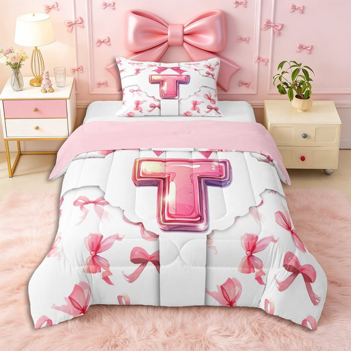 Erosebridal Personalized Initial T Twin Comforter Sets 3-Piece for Girls Kids,Teens Cute Ribbon Bow Tie Bedding Set,Pink Reversible,Ultra Soft Home Decor