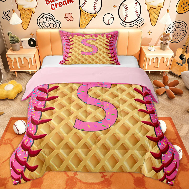 Erosebridal Cartoon Letter S Kids Twin Comforter Sets, Pink Ice Cream Baseball Bedding Set, 2 Pieces
