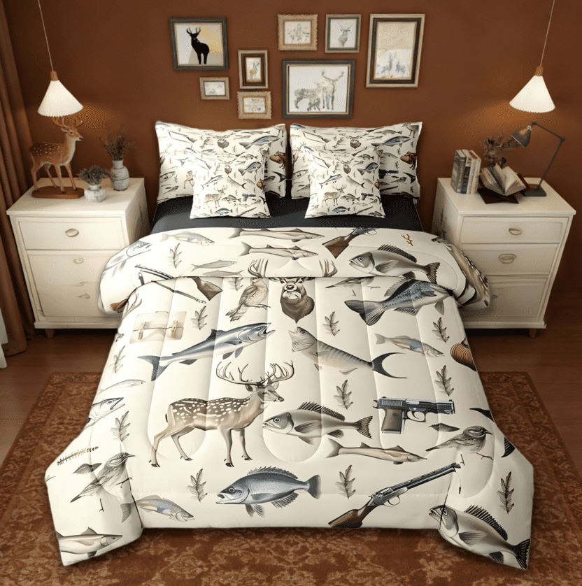 Manfei Hunting And Fishing 7 Pieces Bedding Comforter Set,Deer Hunting Big Bass Pike Fish Full Bedding Set,Rustic Cabin Lake House Bedroom Room Decor Reversible