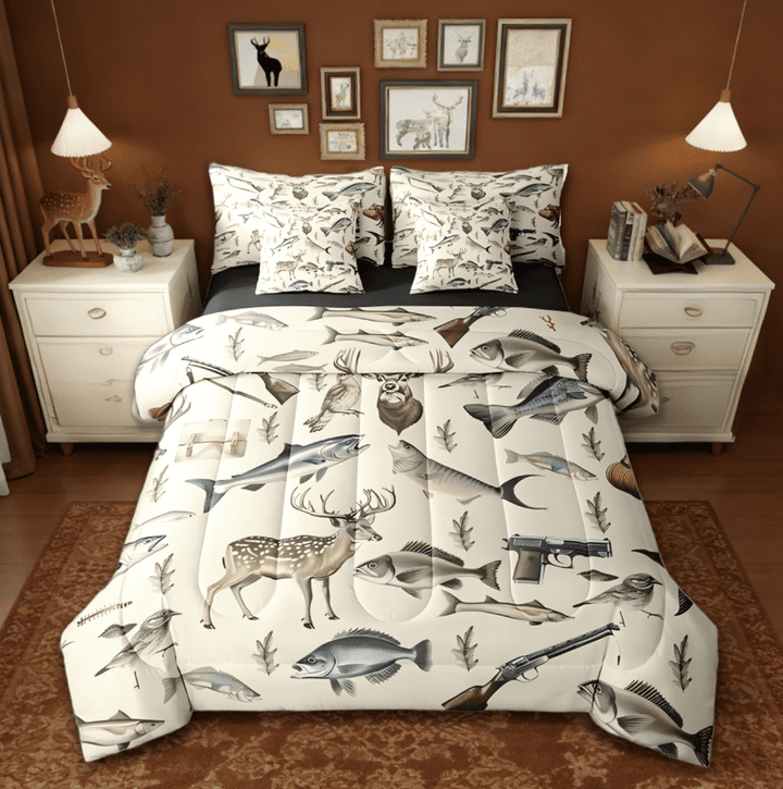Manfei Hunting And Fishing 7 Pieces Bedding Comforter Set,Deer Hunting Big Bass Pike Fish Full Bedding Set,Rustic Cabin Lake House Bedroom Room Decor Reversible