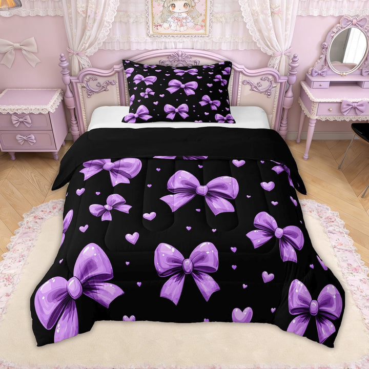Erosebridal Watercolor Bowknot Twin Comforter Sets for Girls, Purple Love Heart Bedding Set for Women, Black Reversible, 2pcs
