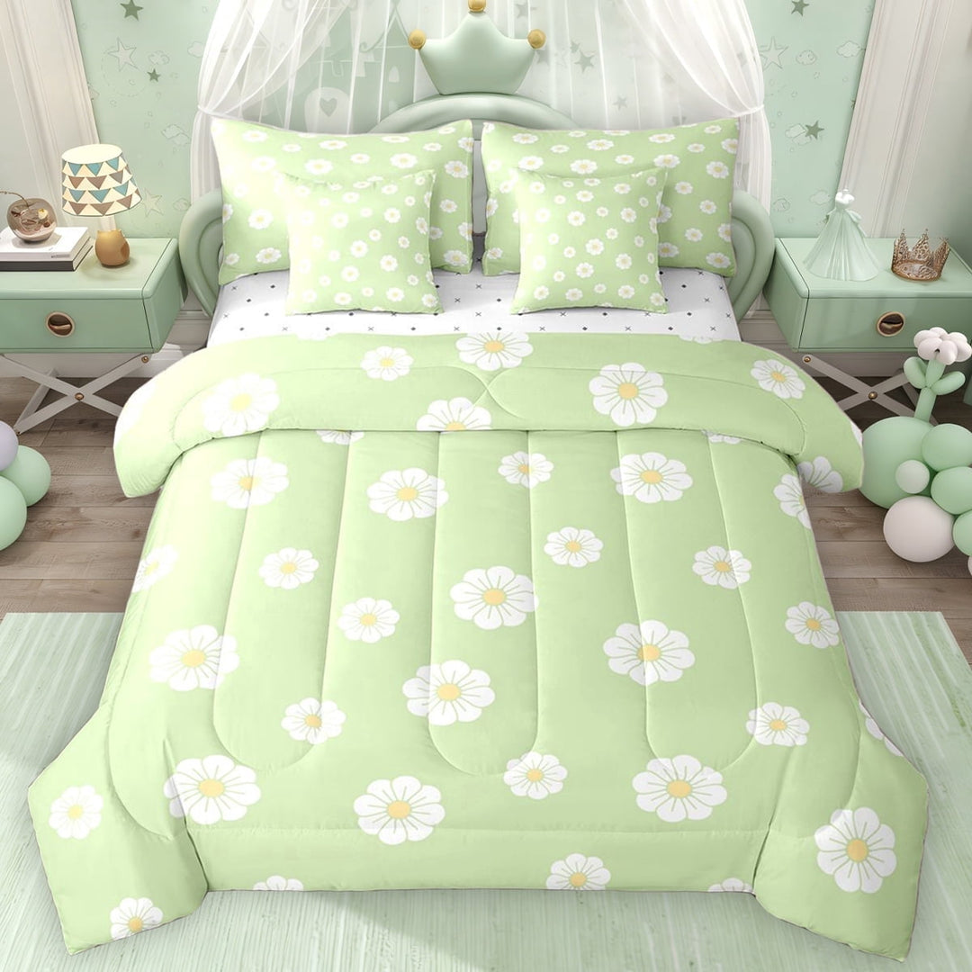 Erosebridal Chic Daisy Flower Twin Bedding Sets for Girls, Green Bedding Comforter Set, Reversible, 7pcs