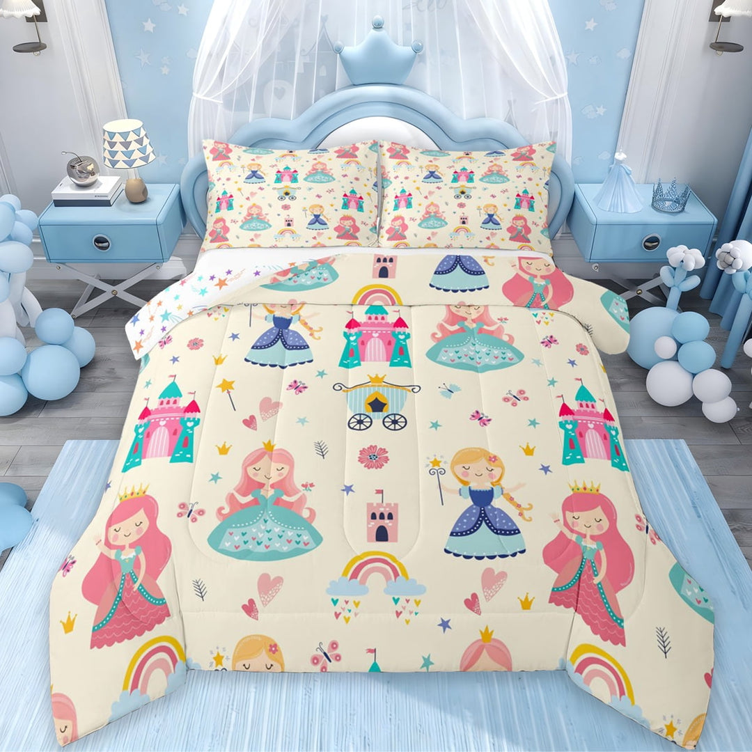 Erosebridal Kawaii Princess Bedding Twin Comforter Set,Cartoon Girl Down Comforter,Castle Rainbow Print Bedding Sets Twin with Comforter For Girls,Microfiber Bedroom Decoration Reversible,2 Pieces