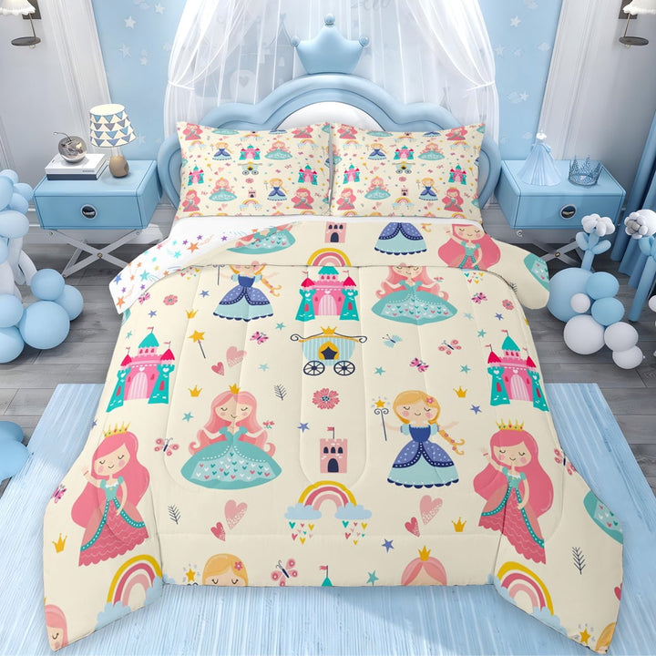 Erosebridal Kawaii Princess Bedding Twin Comforter Set,Cartoon Girl Down Comforter,Castle Rainbow Print Bedding Sets Twin with Comforter For Girls,Microfiber Bedroom Decoration Reversible,2 Pieces