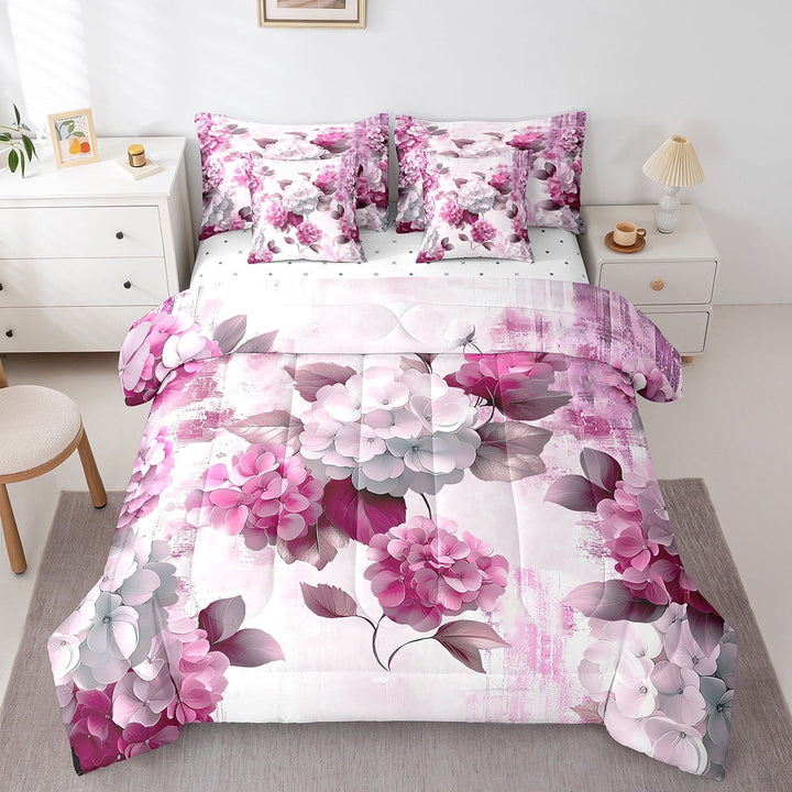 Watercolor Hydrangea Bedding Comforter Sets 7pcs Chic Flower Floral Bed in a Bag Women,Watercolor Oil Painting King Bedding Sets Ombre Gradient Comforter Set,Pink Bedding Sets