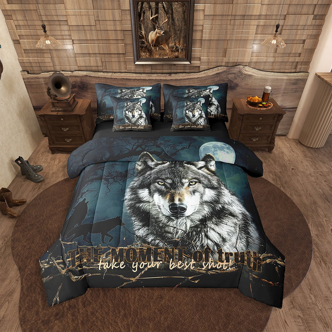 7Pcs Wolf Bedding Full Size,Animal Theme Comforter Set Green Blue Starry Sky Moon Bed Set,1 Comforter,1 Flat Sheet 1 Fitted Sheet 2 Pillowcases And 2 Throw Pillow Covers