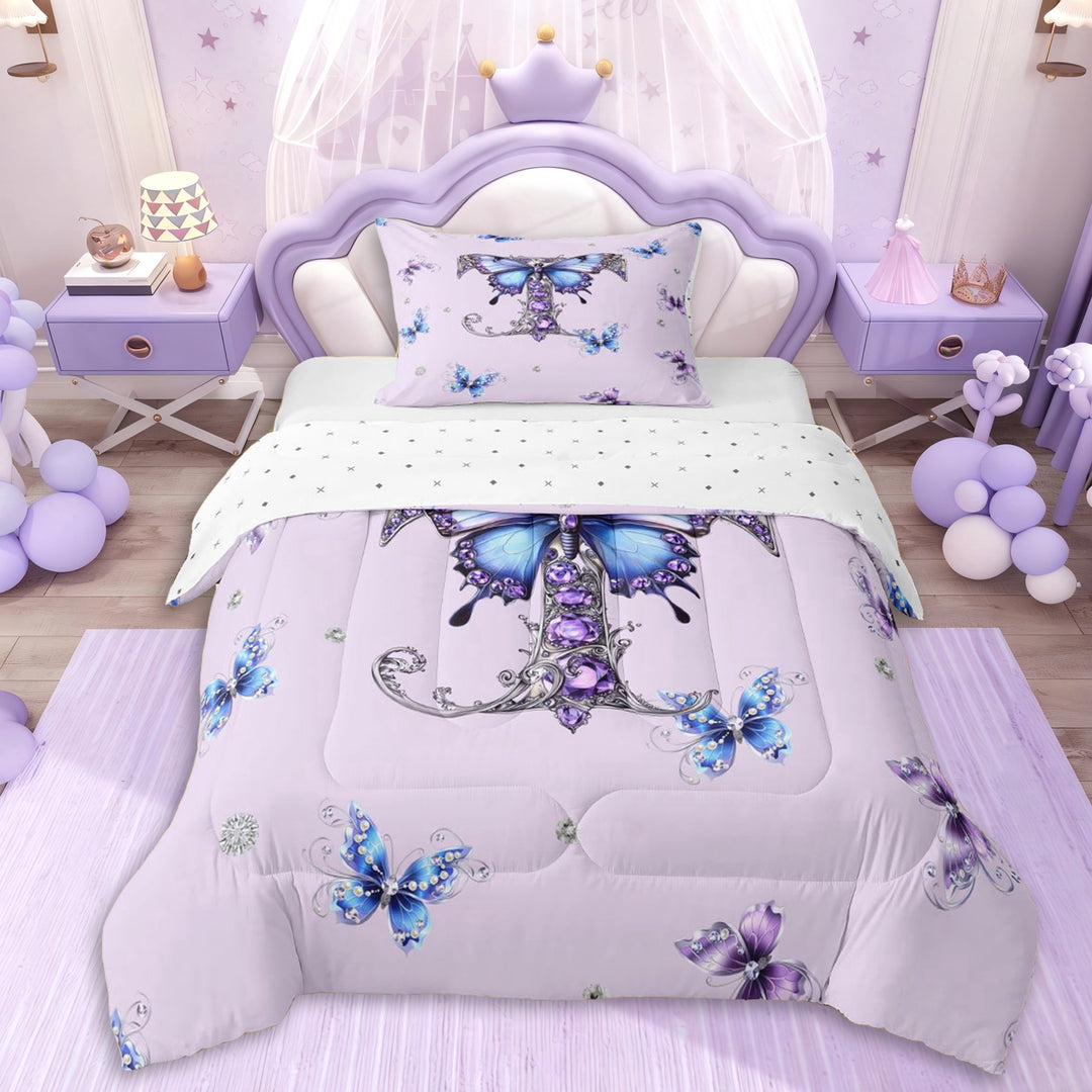 Erosebridal Purple Crystal Letter Monogrammed T Twin Comforter Sets 3-Piece For Teens,Girls Flying Butterflies Bedding Set,Breathable Home Decor