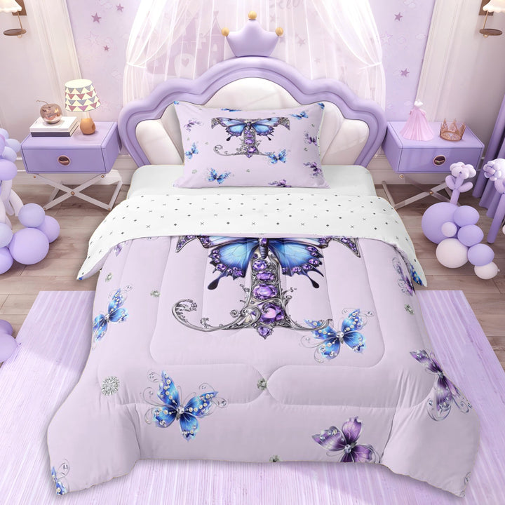 Erosebridal Purple Crystal Letter Monogrammed T Twin Comforter Sets 3-Piece For Teens,Girls Flying Butterflies Bedding Set,Breathable Home Decor