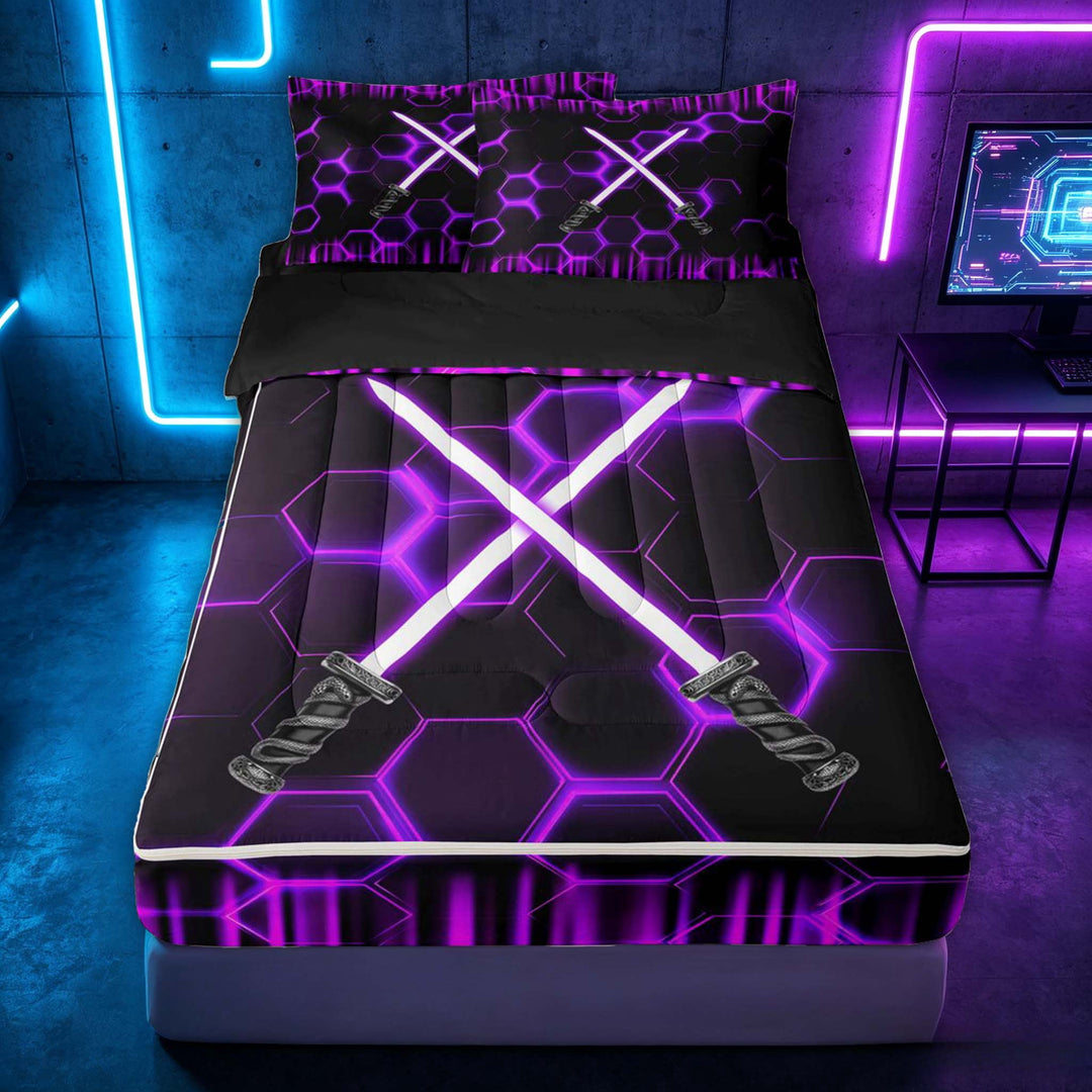 meiyoeat Neon Zipper Twin Comforter Sets with Fitted Sheet and 2 Pillowcases for Boys, Sci-Fi Purple Gaming Zipper Bedding Set, Black Reversible