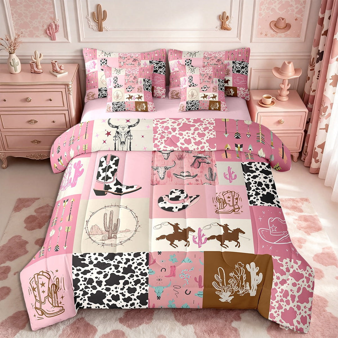 Erosebridal 7 Piece Cowgirl Comforter Sets Twin Size for Girls,Western Cow Milk Cowhide Bedding Sets Bed In A Bag(1 Comforter,1 Flat Sheet 1 Fitted Sheet 2 Pillowcases and 2 Throw Pillow Covers)