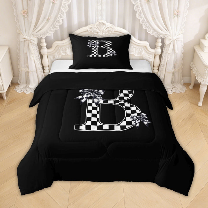 Erosebridal Checkered Bow Letter B Twin Comforter Sets for Girls, Black White Initial Bedding Set, Black Reversible, 2pcs
