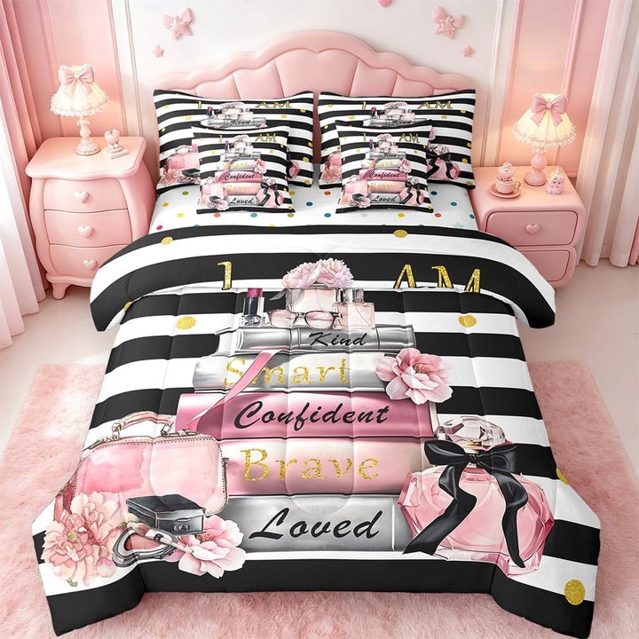 Erosebridal Romantic Makeup Bedding Sets Full Size,Floral Flower Comforter Sets with Sheets,Black White Geometric Stripes Bed in a Bag Full Size,Breathable Room Decorative Reversible,7-Piece