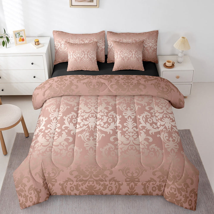 Adults Dusty Pink Damask Bed In A Bag 7 Piece Queen Antique Victorian Baroque Comforter Set With Sheets Gothic Vintage Floral Bedding Set Bohemian Exotic Reversible Black Bed Set