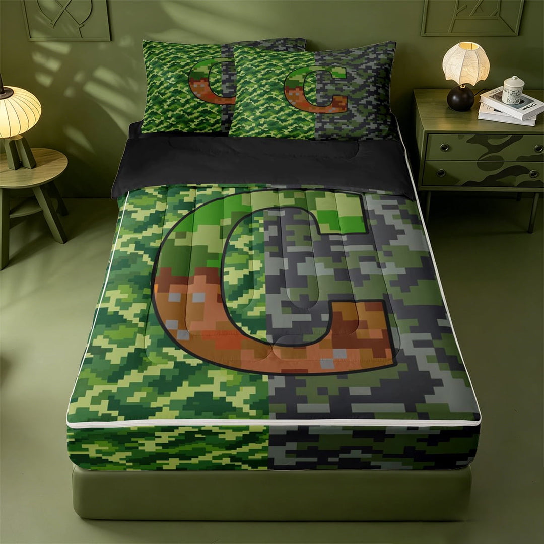 meiyoeat Pixel Game Monogrammed G Zipper Full Size Comforter Sets with Fitted Sheet and 2 Pillowcases For Boys,Abstract Geometric Grid Camouflage Print Zipper Bedding Set,Black Reversible,4-Piece