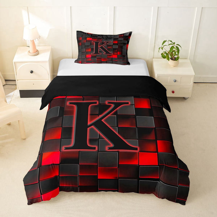 Erosebridal Girls Boys Neon Lights Futuristic Cubes Twin Bedding,K Letter Monogrammed Black Red Duvet Cover Set For Kids Teens,Black Reversible,2pcs,No Comforter
