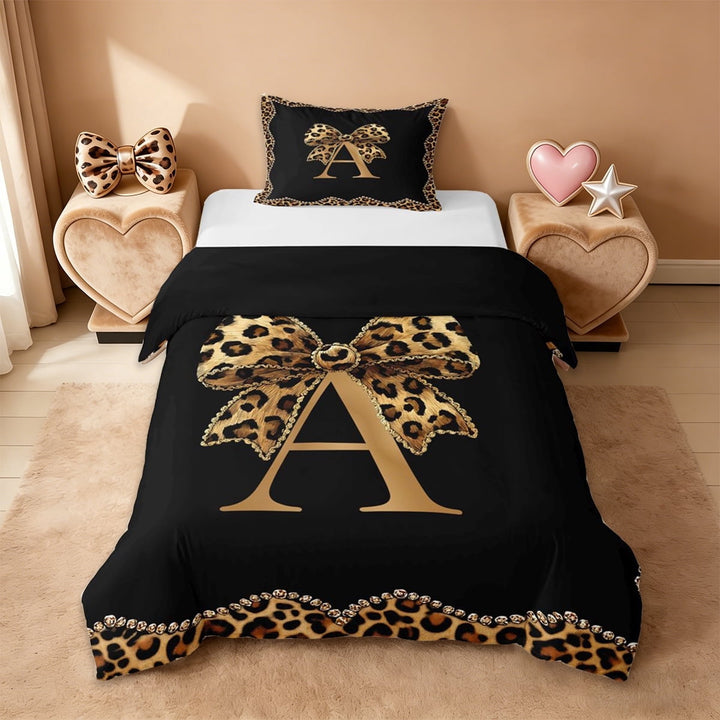 Erosebridal Leopard Print Bows Kids Twin Bedding,Cheetah Pattern A Alphabet Duvet Cover Set For Girls Women,Reversible black,2 Pieces(No Comforter)