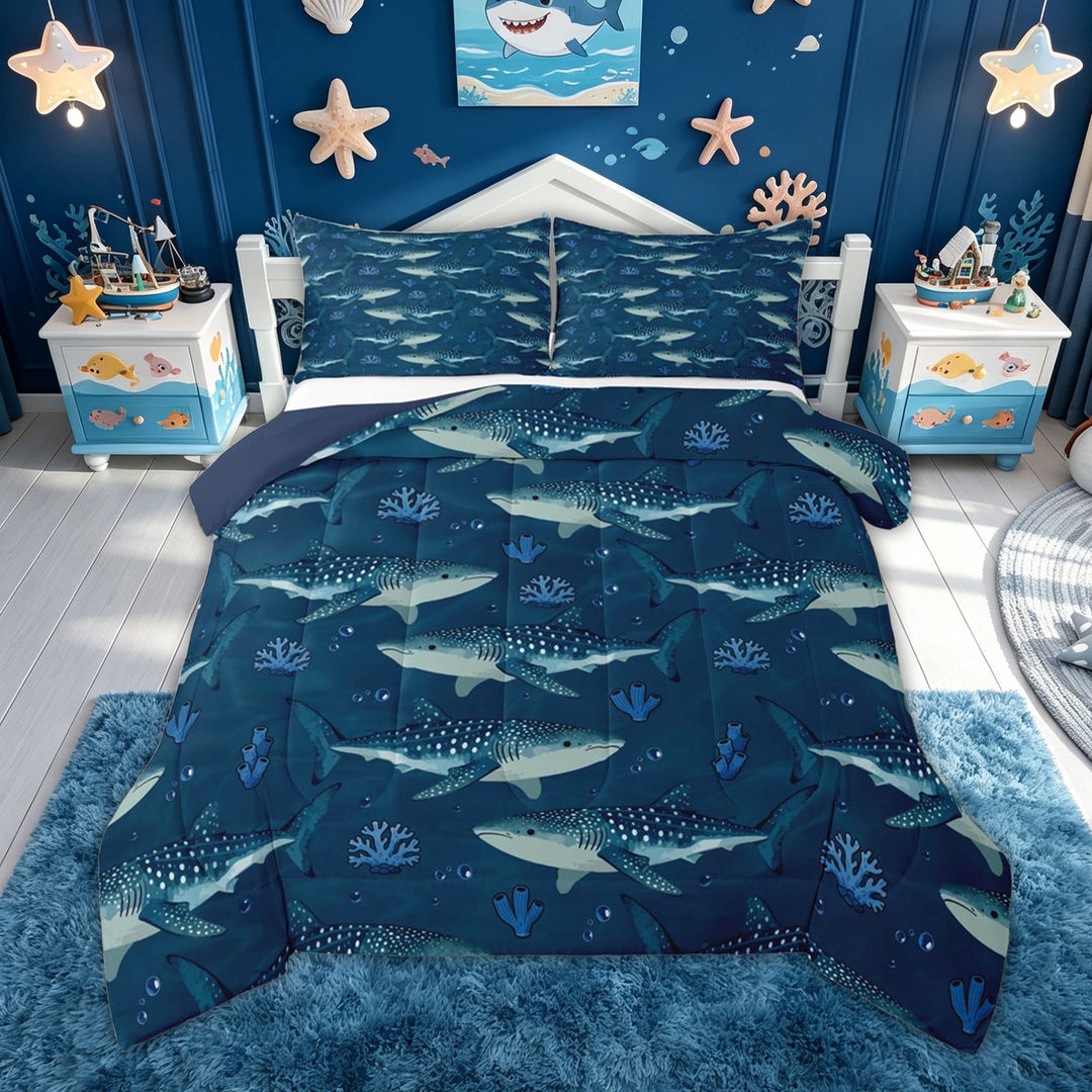 meiyoeat Whale Shark Full Size Comforter Sets for Kids Boys, Navy Coral Reef Bedding Comforter Set for Bedroom, Blue Reversible, 3pcs