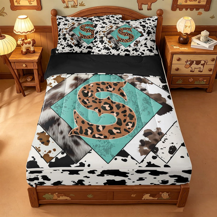 meiyoeat Leopard Cow Print Initial S Zipper Twin Comforter Sets with Fitted Sheet and 2 Pillowcases For Boys,Rustic Farmhouse Style Zipper Bedding Set,Black Reversible,4-Piece
