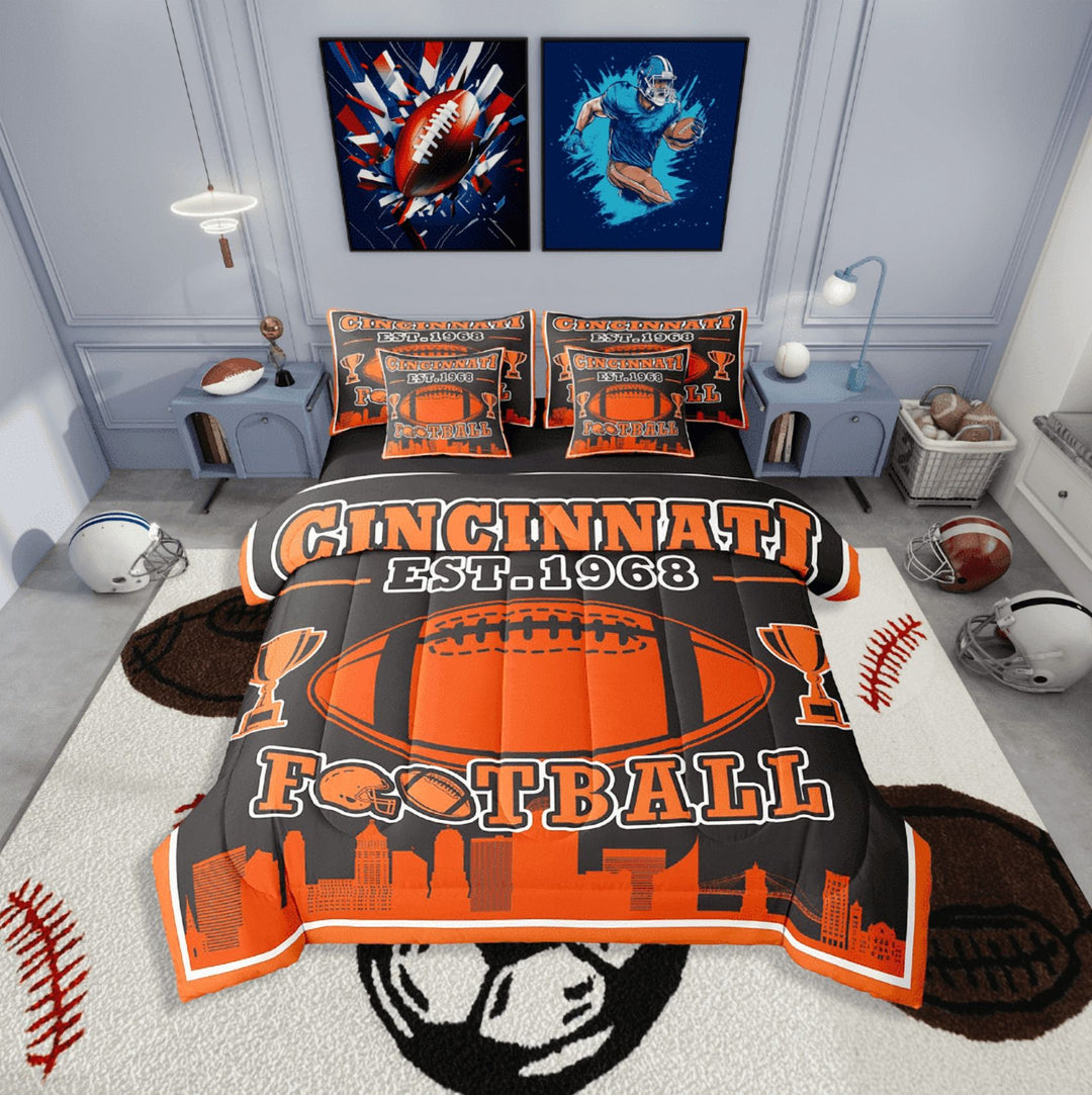 Erosebridal Football Print Bedding Sets Twin Size,Orange Black Comforter Sets with Sheets,Teenager Bedroom Decor(Cincinnati),Reversible,Lightweight,7-Piece