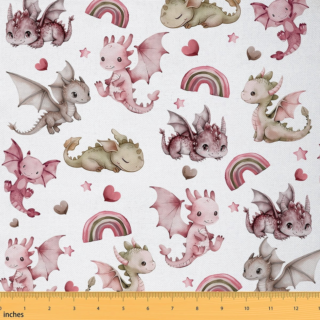 Castle Fairy Cute Dragon Fabric by the Yard 5 Yard,Cartoon Rainbow Sewing Fabric,Love Heart Print Fabric for Sewing,Lightweight Cartoon Room Decor