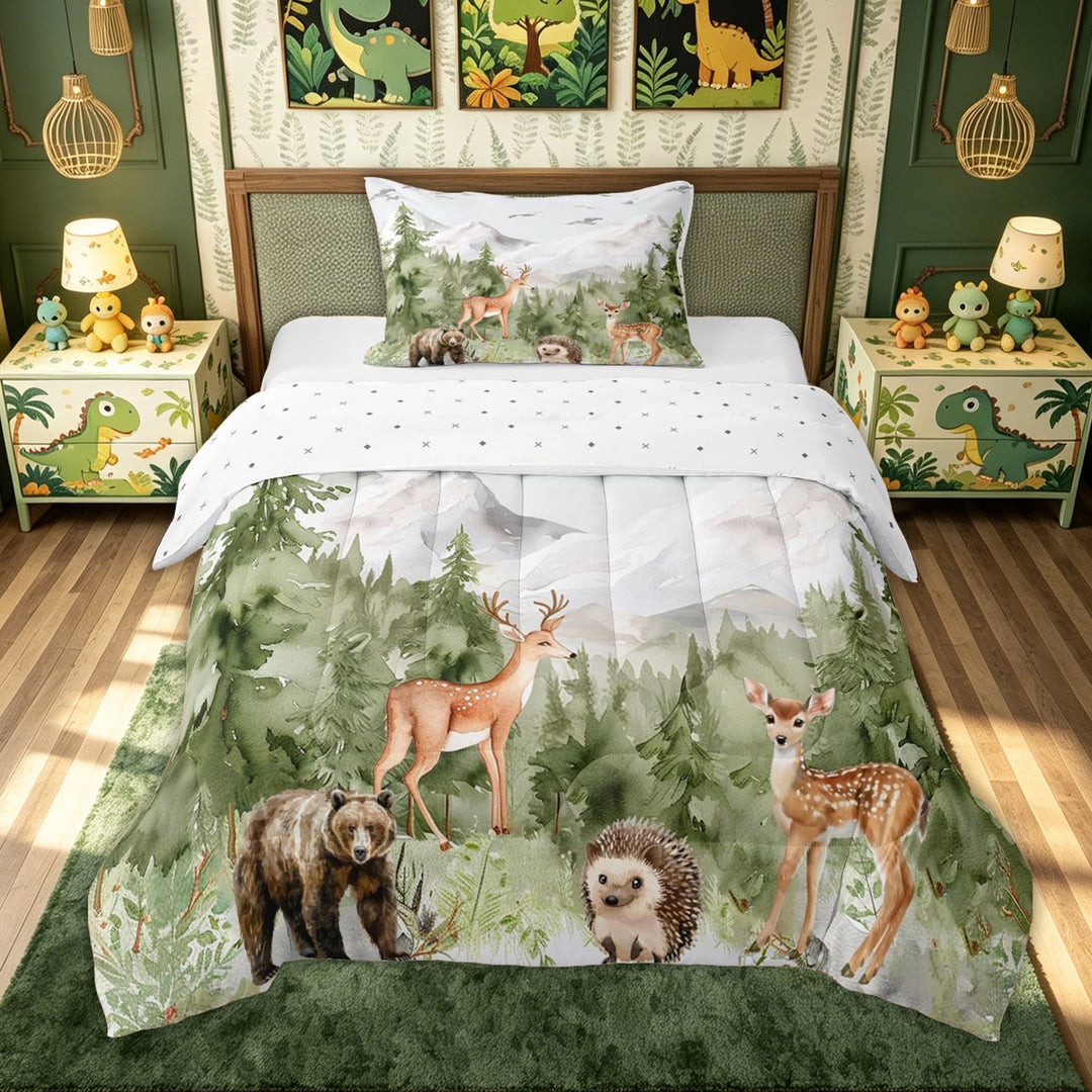 meiyoeat Giraffe Woodland Animal Full Size Comforter Sets for Kids Boys, Nature Forest Wildlife Bedding Comforter Set, Green White, Reversible, 3 Pieces
