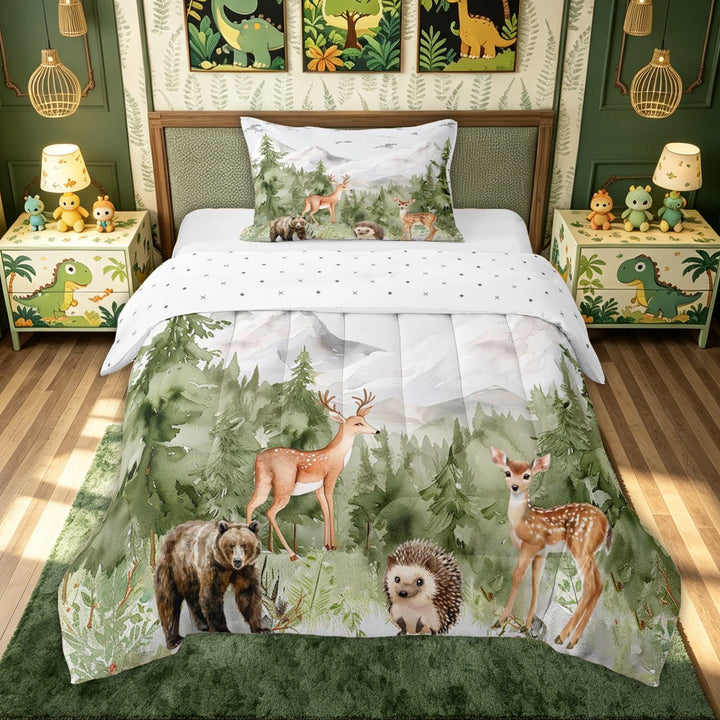 meiyoeat Giraffe Woodland Animal Full Size Comforter Sets for Kids Boys, Nature Forest Wildlife Bedding Comforter Set, Green White, Reversible, 3 Pieces