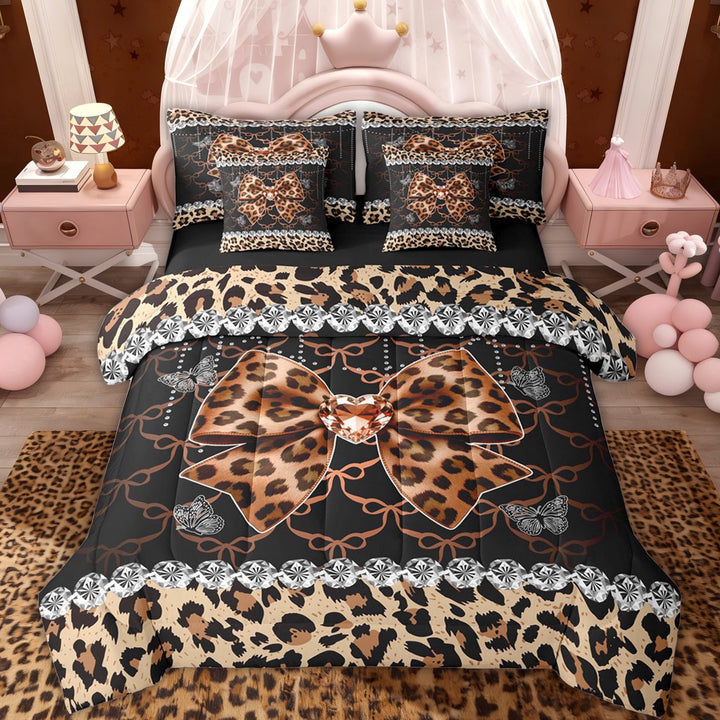 Erosebridal Leopard Print Bow Heart Twin Bedding Sets for Girls, Gold Ribbon Bedding Comforter Set, Black Reversible, 7pcs