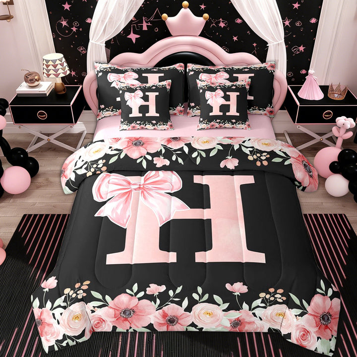 Erosebridal Bow Monogrammed H Girls Twin Bedding Sets 7-Piece, Pink Flower Bedding Comforter Set