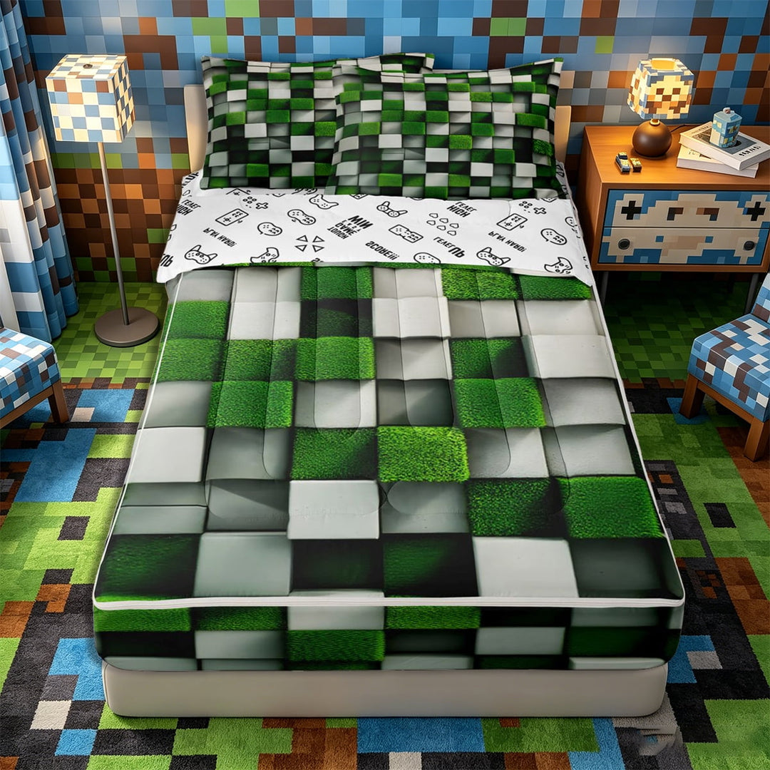 Meiyoeat 3D Textured Green Block Pattern Zipper Full Size Comforter Sets with Fitted Sheet and 2 Pillowcases, Modern Moss Cube Print Zipper Bedding Set,4pcs