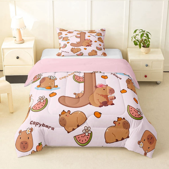 Erosebridal Kids J Personalized Initial Capybara Bubble Tea Twin Comforter Sets 3-Piece,Boys Girls Kawaii Funny Food Bedding Set,Pink Reversible