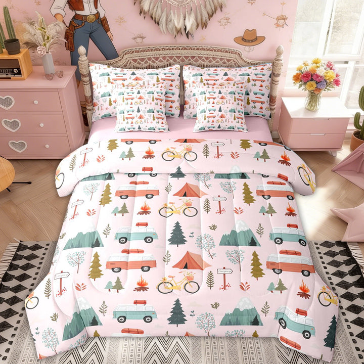 Erosebridal Pink Retro Camping Twin Bedding Sets, Mountain Tent Bedding Comforter Set for Men and Women, 7pcs