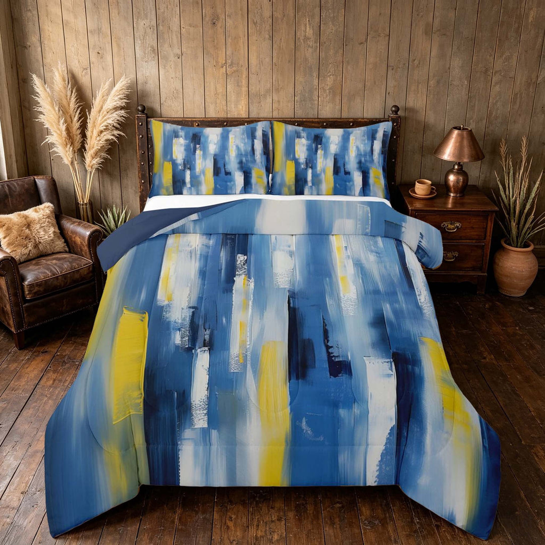 Manfei Watercolor Ombre Full Size Comforter Sets, Abstract Artwork Bedding Comforter Set, Blue Yellow, Navy Reversible 3pcs, 1 Comforter and 2 Pillowcases