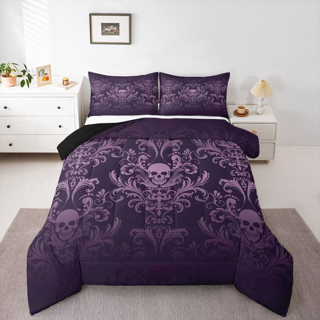 Adults Salmon Violet Damask Bedding Set Antique Victorian Baroque Comforter Set Full,Gothic Vintage Floral Quilt Exotic Sugar Skull Duvet Insert,Gothic Bone Skeleton Bohemian Decor,Dark Purple