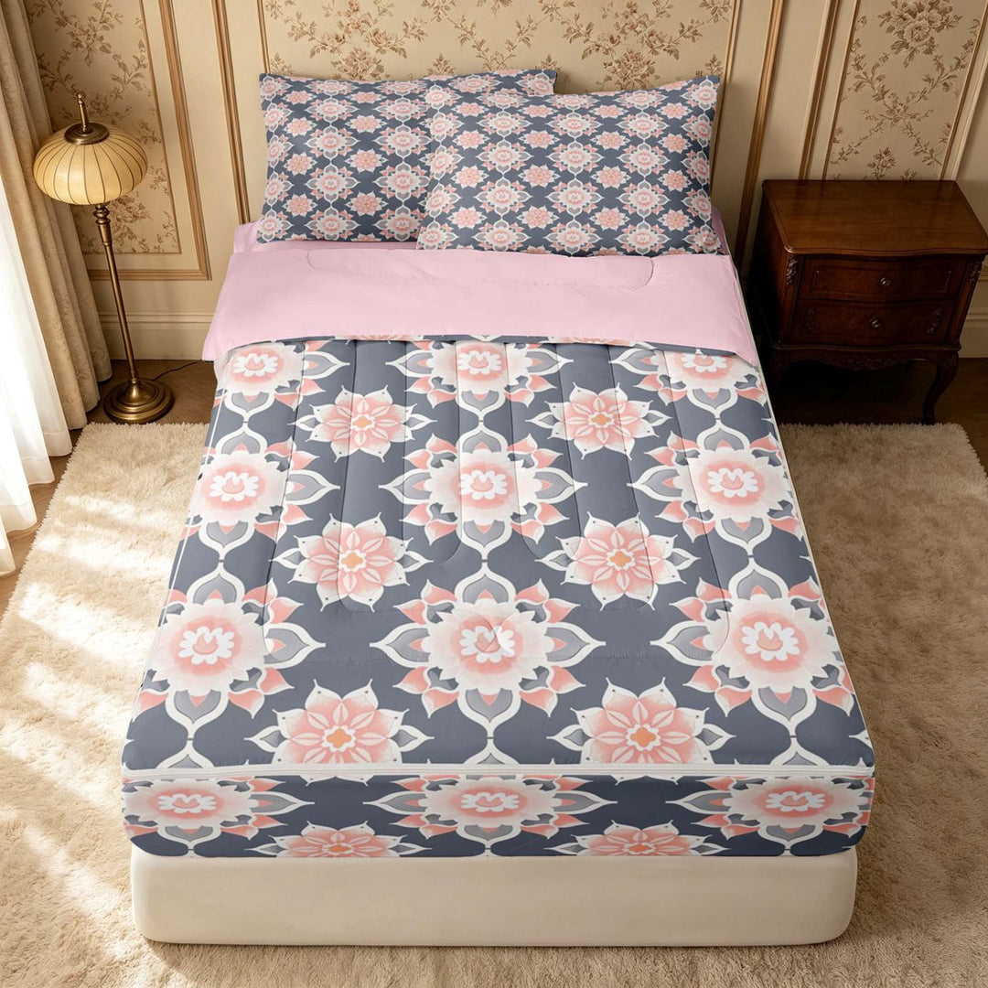 Erosebridal Cute Blossom Zipper Queen Comforter Set with Fitted Sheet and 2 Pillowcases, Kawaii Flower Zipper Bedding Set, Pink Reversible, Slate Peach, Pink Reversible