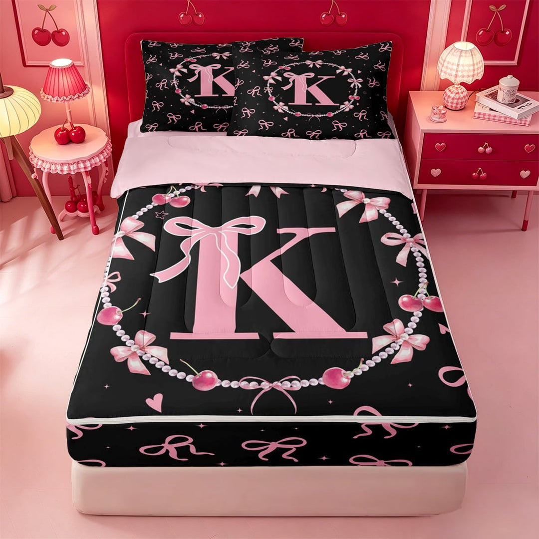 meiyoeat Pink Ribbon Bow Zipper Full Size Comforter Sets with Fitted Sheet and 2 Pillowcases,3D Monogrammed K Zipper Bedding Set For Girl,Pink Reversible,4 Pieces