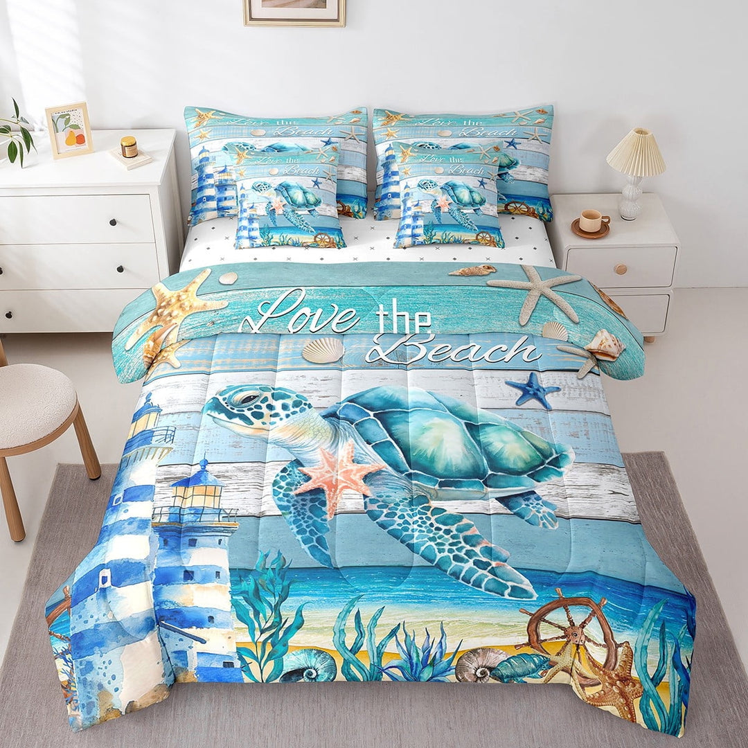 Erosebridal Sea Turtle Comforter Set 7 Piece,Summer Ocean Beach Bed in A Bag,Sea Lighthouse Bedding Sets King,Anchor Compass Sealife Wooden Reversible Bed Sets with Sheet Set Bedroom Decor